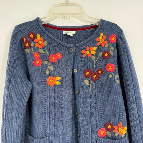 Sundance Woman's Sweater Cardigan Size XS Blue Floral Cable Knit Lambswool - Picture 5 of 9